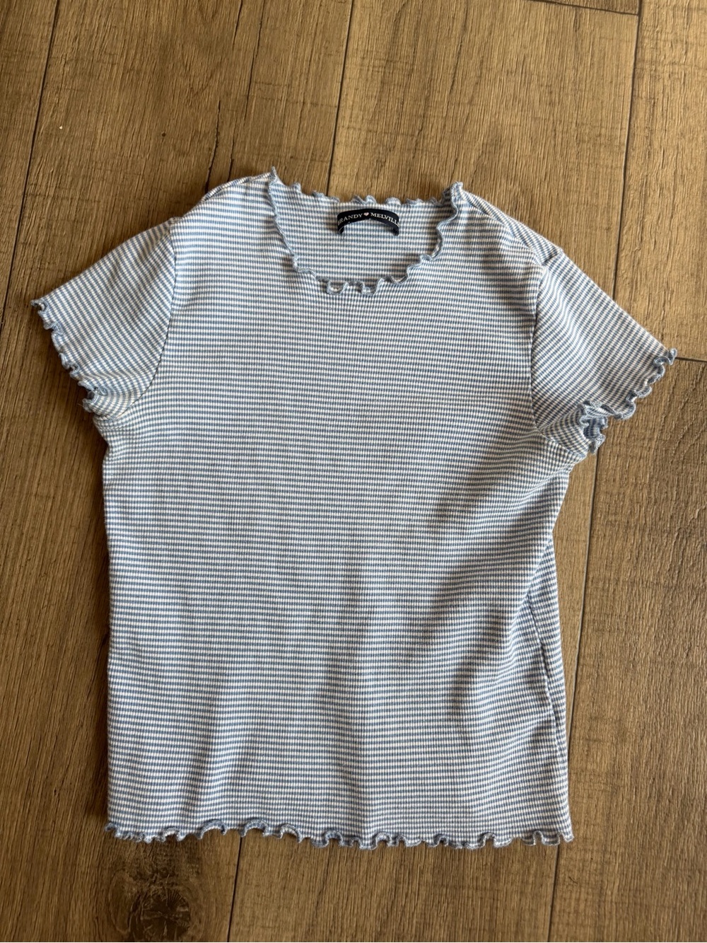 Brandy Melville Light Blue & White Striped Lettuce-Edge Tee